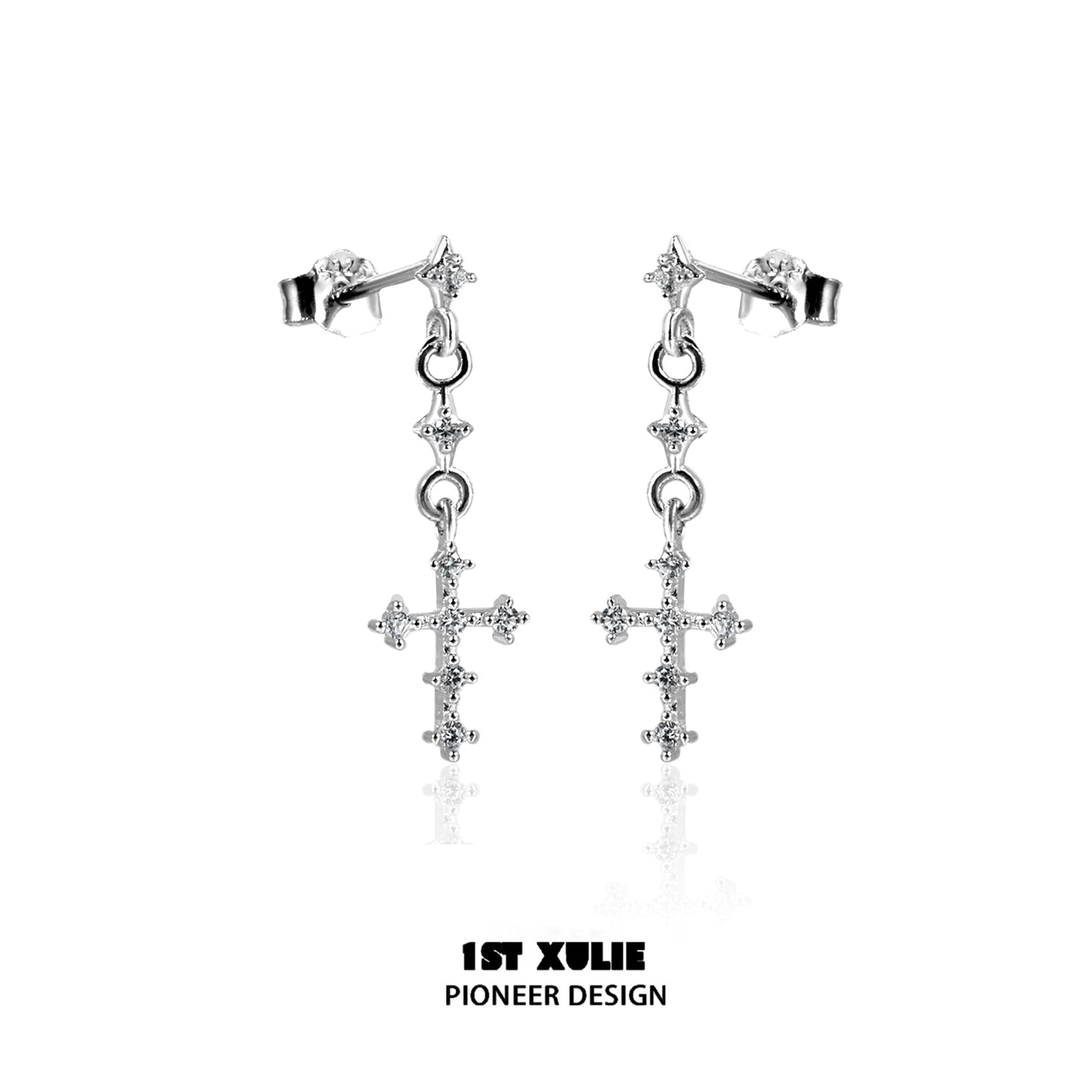 Futuristic Chain Cross Silver Earrings