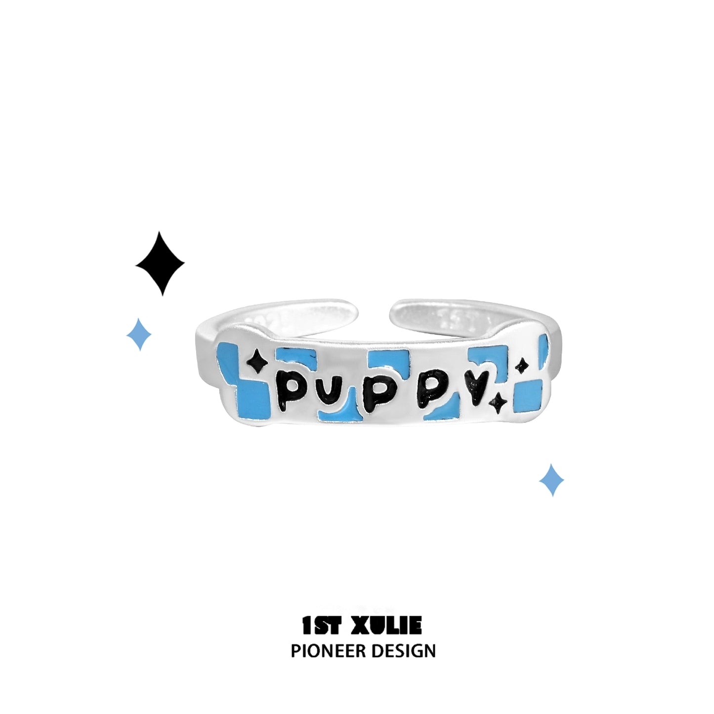 Angel Kitty & Puppy Silver Ring