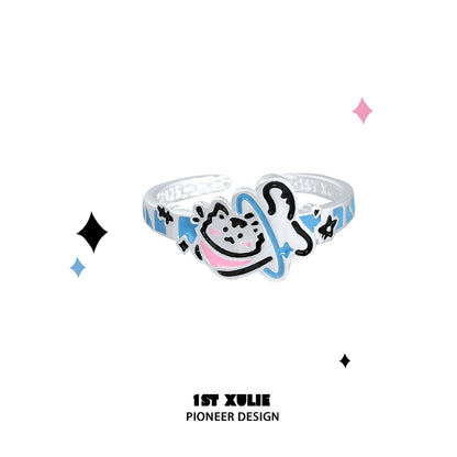 Angel Kitty & Puppy Silver Ring