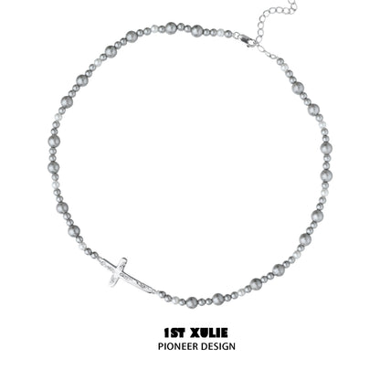 Necklaces-1STXULIE Gray Pearl Sterling Silver Necklace Does Not Fade Original Niche Design Premium Cross Double Clavicle Chain
