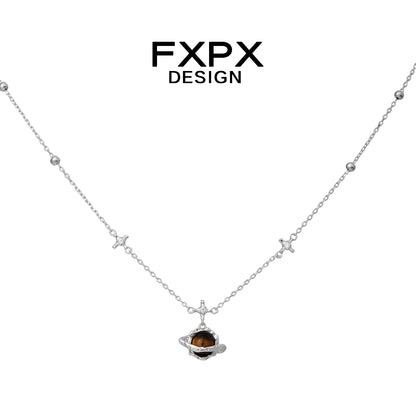 Saturn Tiger's Eye Silver Necklace