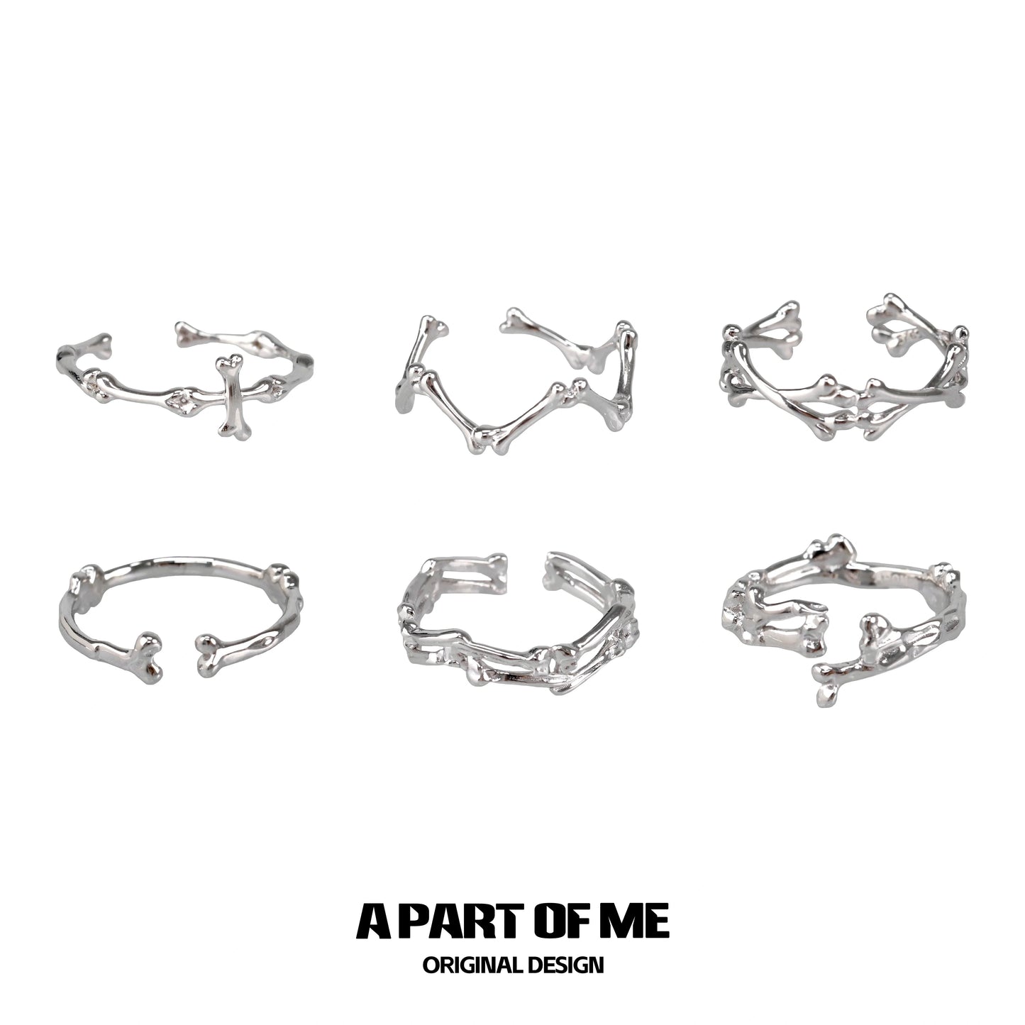 Set of six abstract bone silver rings from A PART OF ME featuring unique skeletal designs
