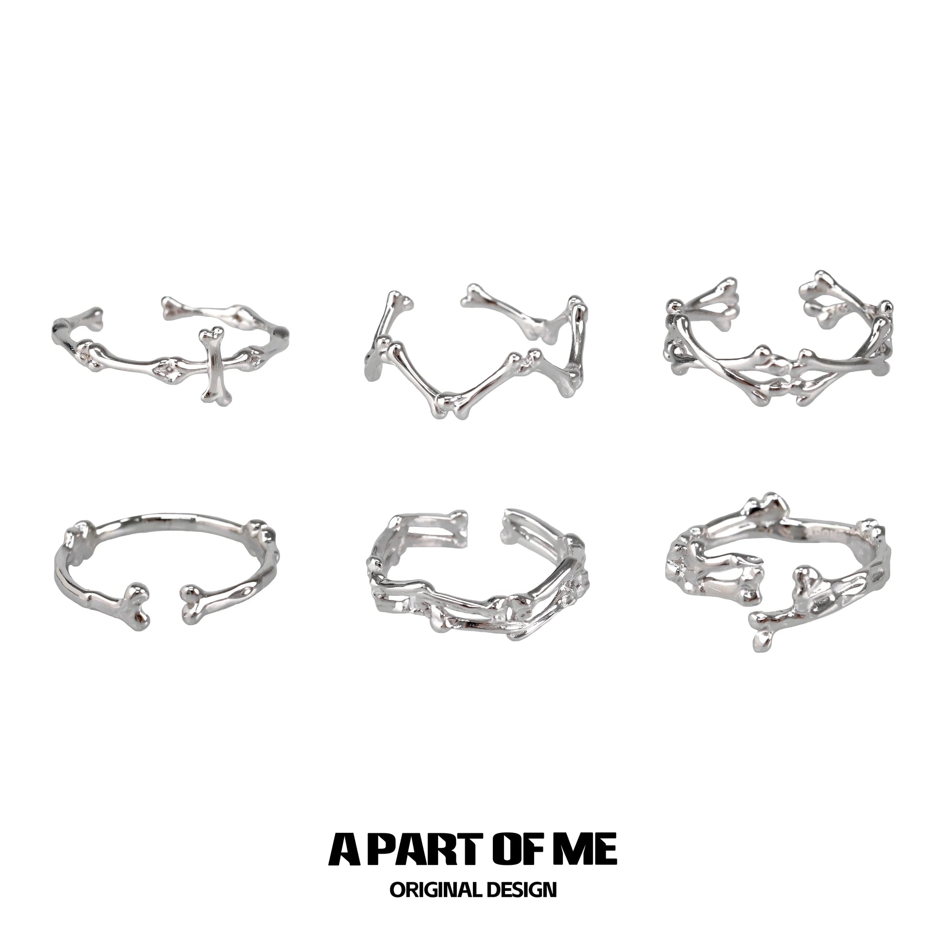Set of six abstract bone silver rings from A PART OF ME featuring unique skeletal designs