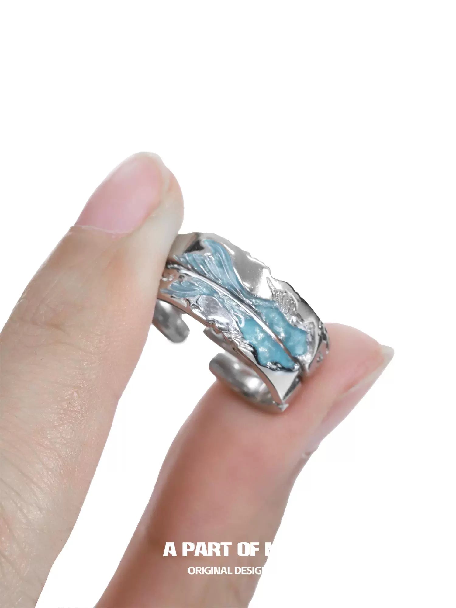 Azure dream fish ring with intricately designed waves, perfect for ocean lovers