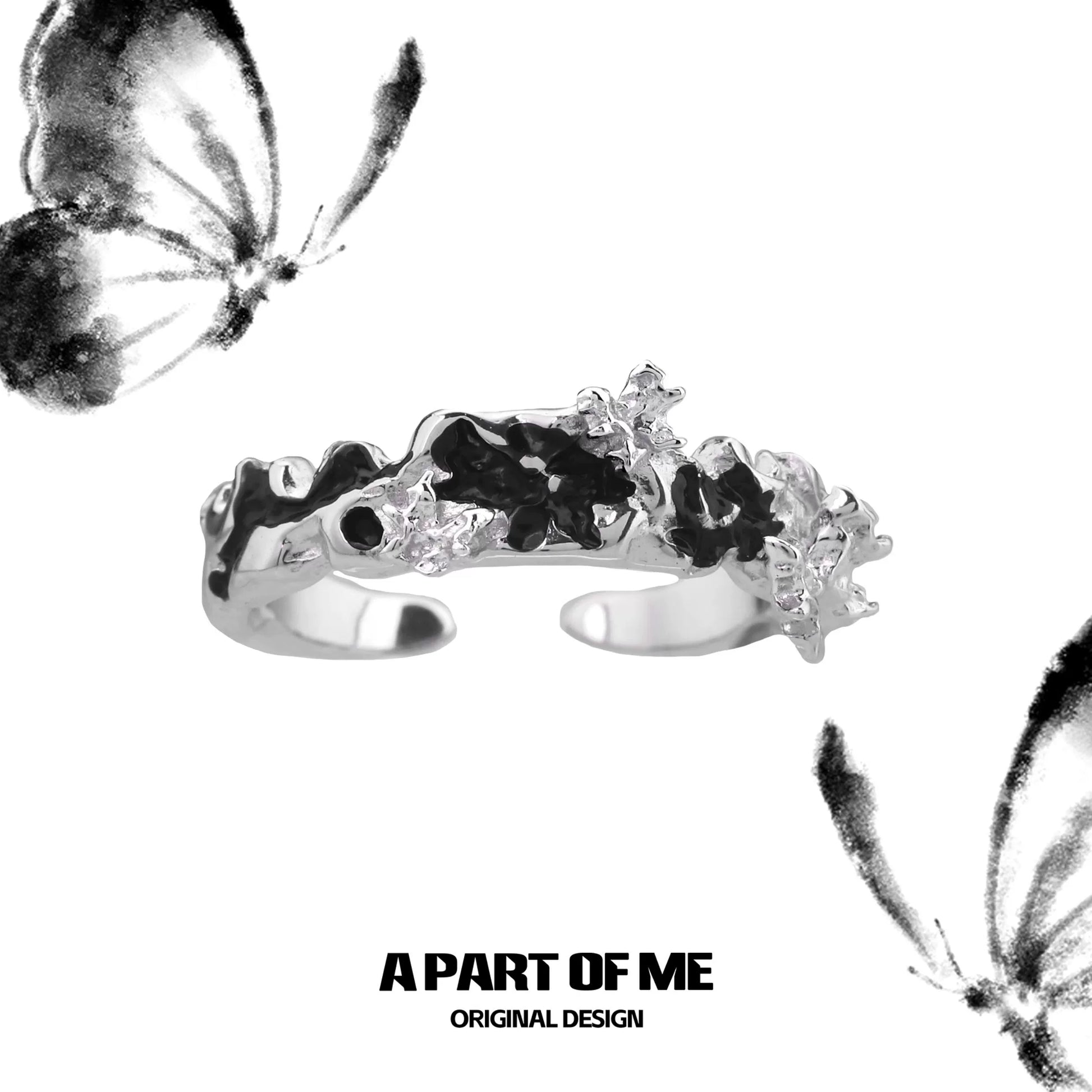 Elegant black butterfly ring with silver detailing and unique design by A PART OF ME