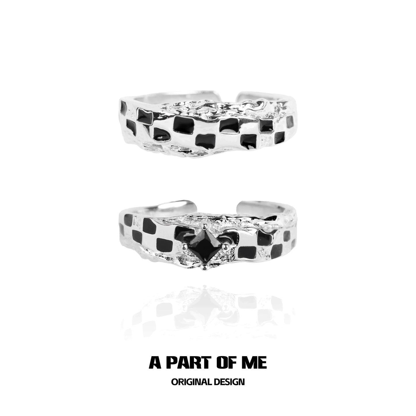 Stylish black white chessboard ring by A PART OF ME featuring a unique textured design