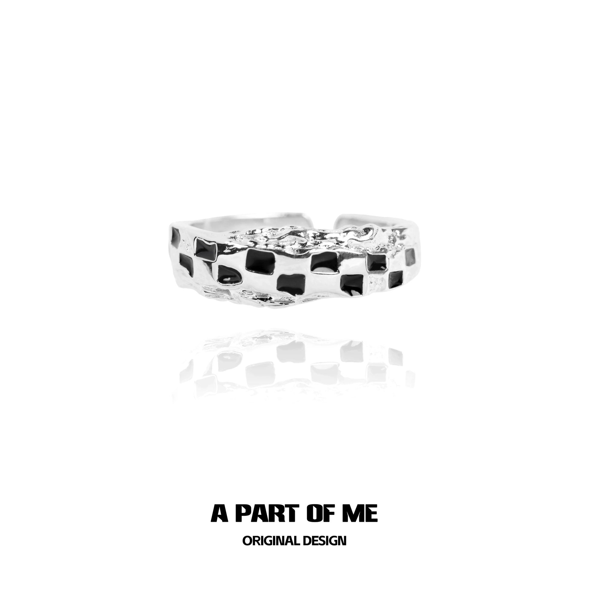 Stylish A PART OF ME black white chessboard ring featuring a unique textured design