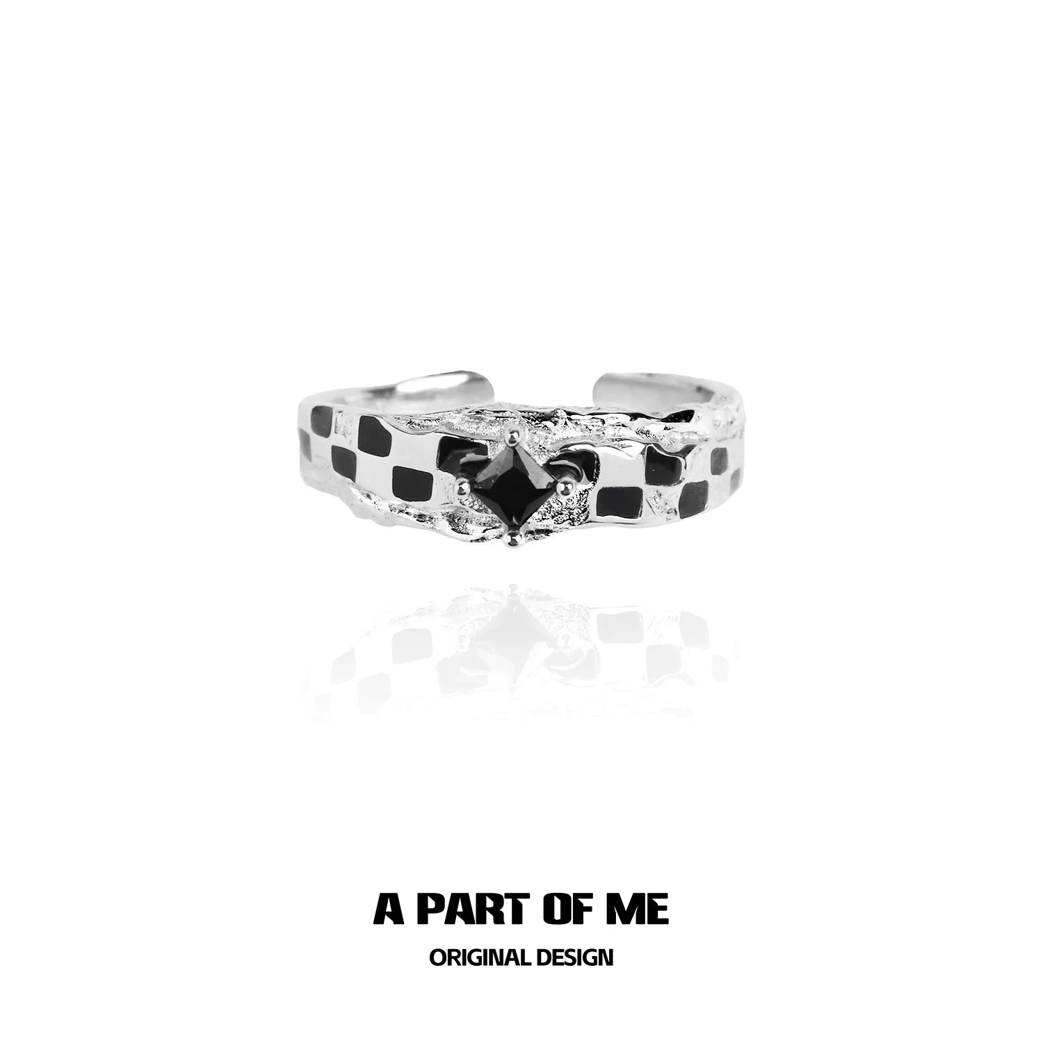 A Part of Me black white chessboard ring featuring a unique design with a silver finish