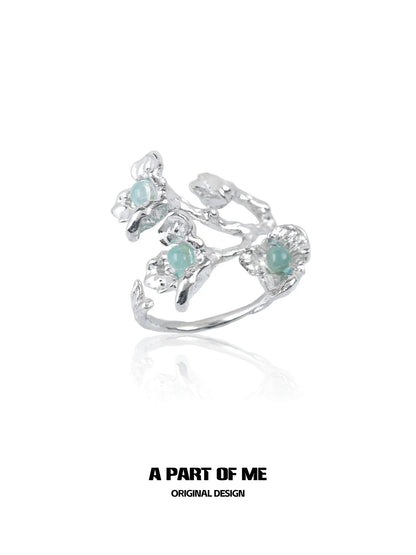 A PART OF ME Silver Blue Flower Ring with Delicate Floral Design and Mint Green Accents