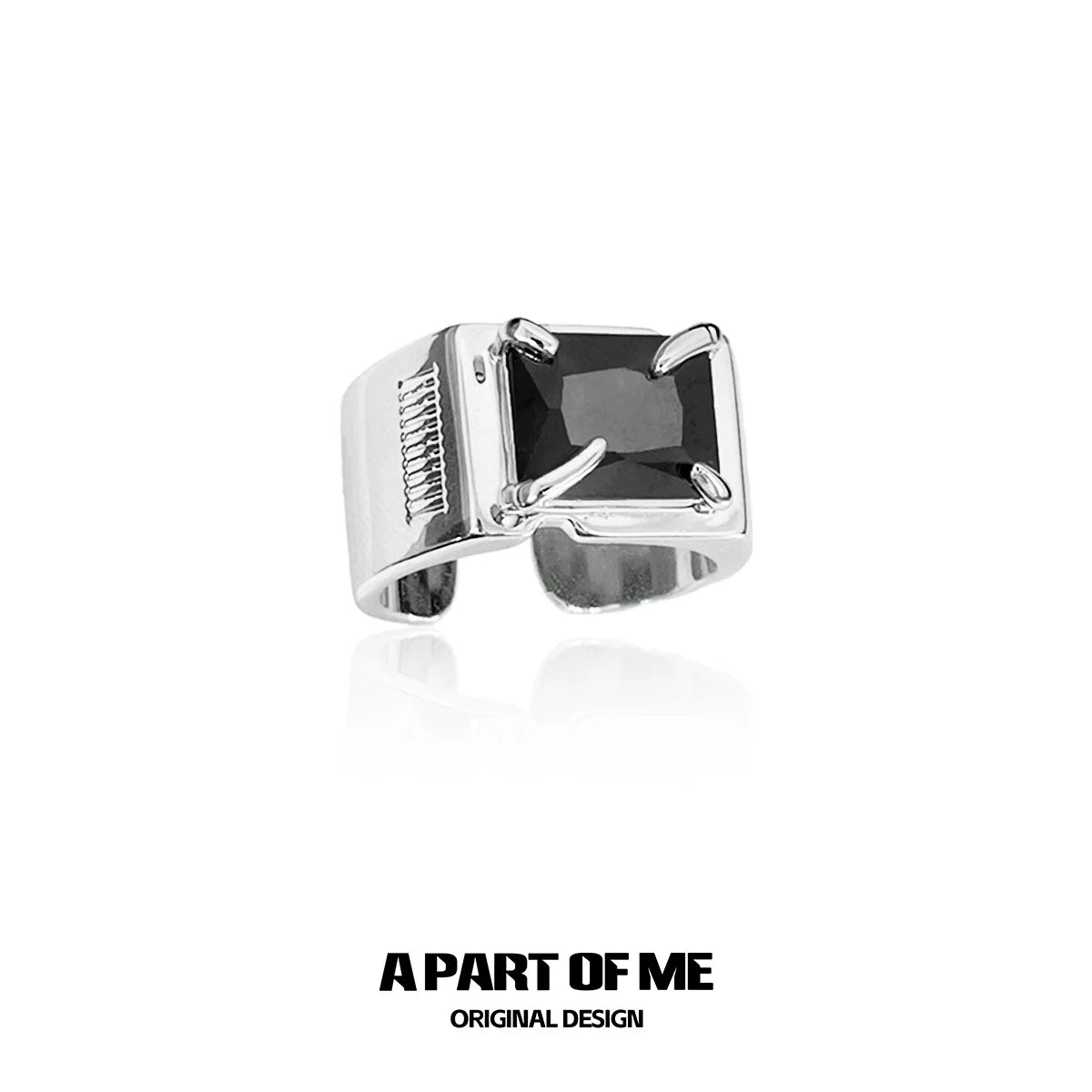 Silver A PART OF ME bold stone hip-hop ring featuring a large black gemstone