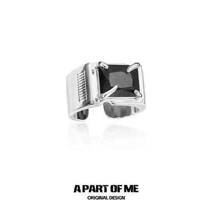 Silver A PART OF ME bold stone hip-hop ring featuring a large black gemstone