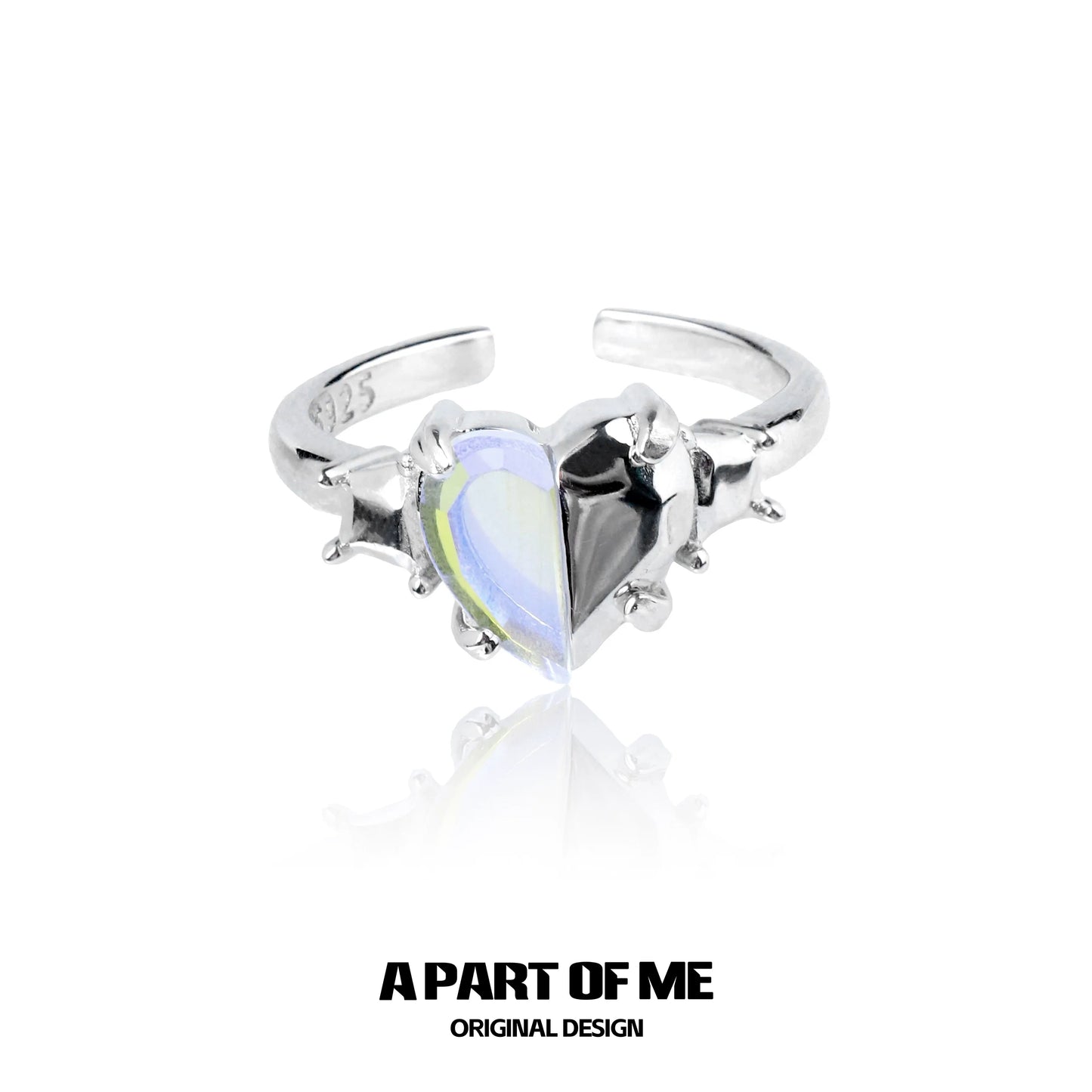 A PART OF ME color changing armor ring featuring a heart-shaped design with reflective stones