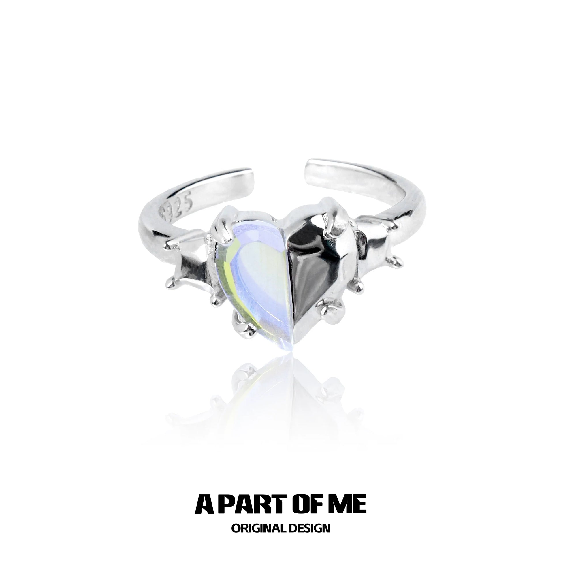 A PART OF ME color changing armor ring featuring a heart-shaped design with reflective stones