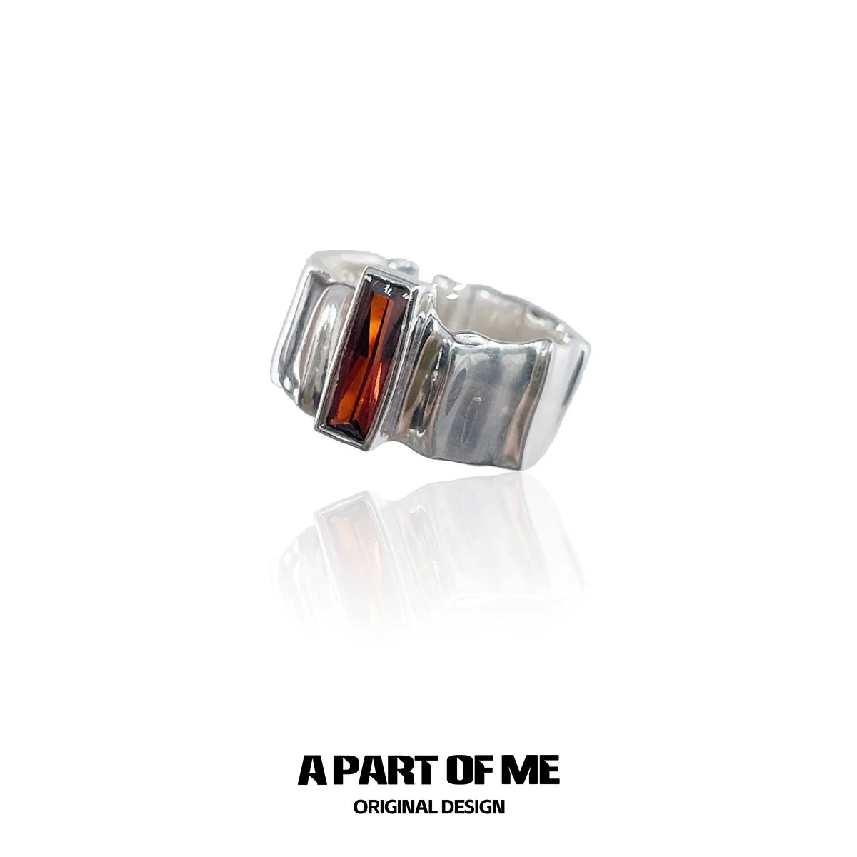 A PART OF ME edgy gothic ring in silver with a striking rectangular red gemstone centerpiece