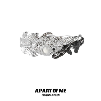 A PART OF ME Feather Letter Ring with Pearl Detail and Engraved Message for Unique Style