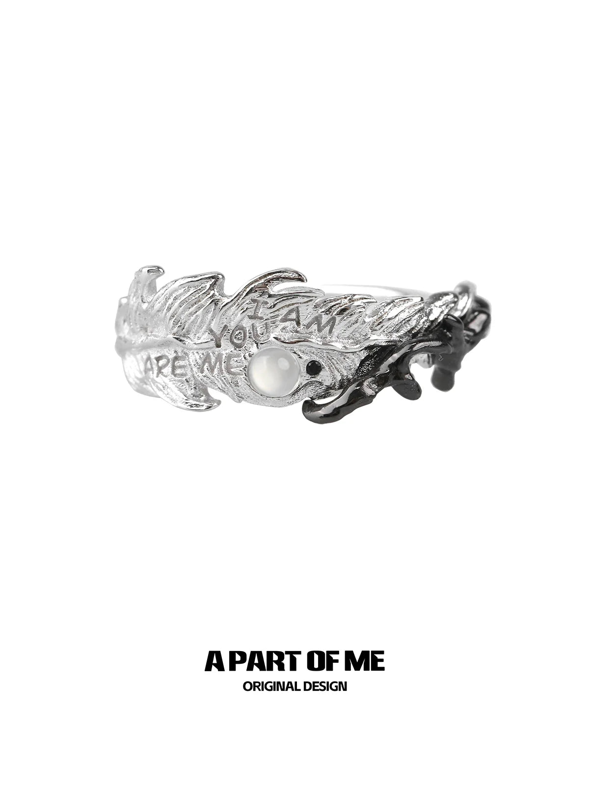 A PART OF ME feather letter ring featuring intricate design and a pearl accent for unique style