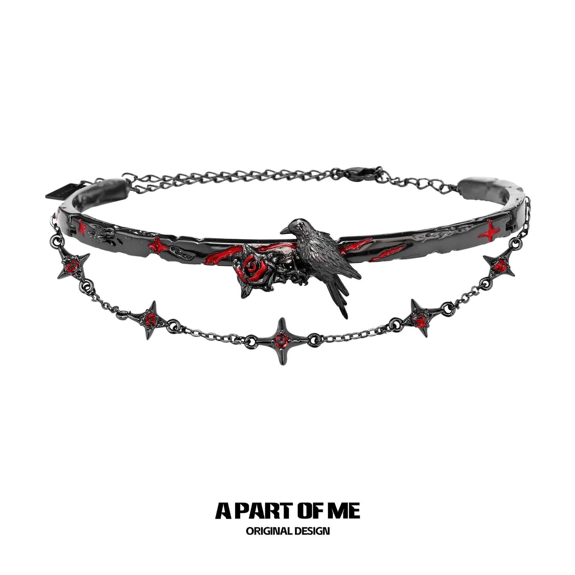 Gothic raven necklace featuring a raven and red accents on a black chain design