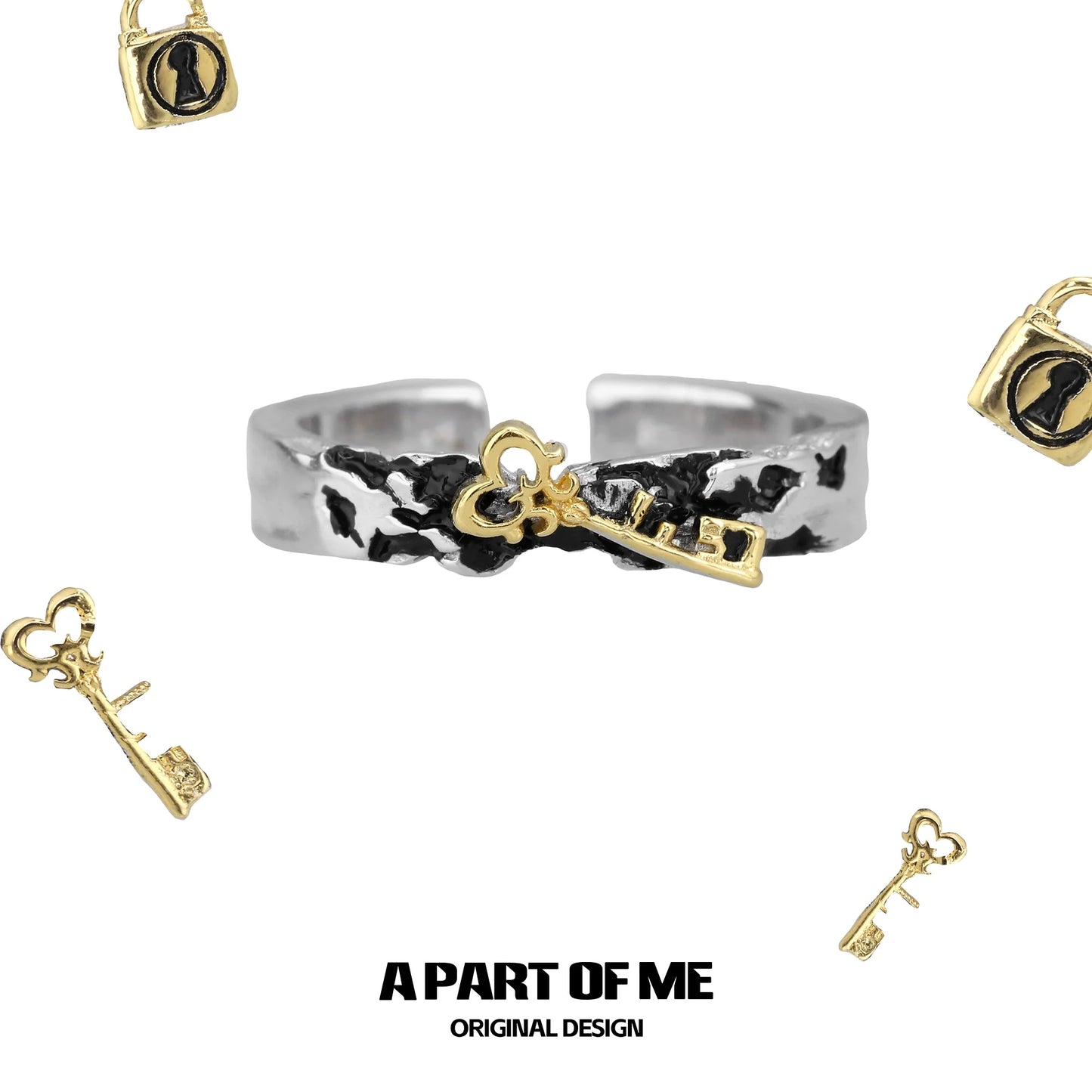 A PART OF ME Hell Lock Ring in Silver with a Key Charm and Unique Textured Band