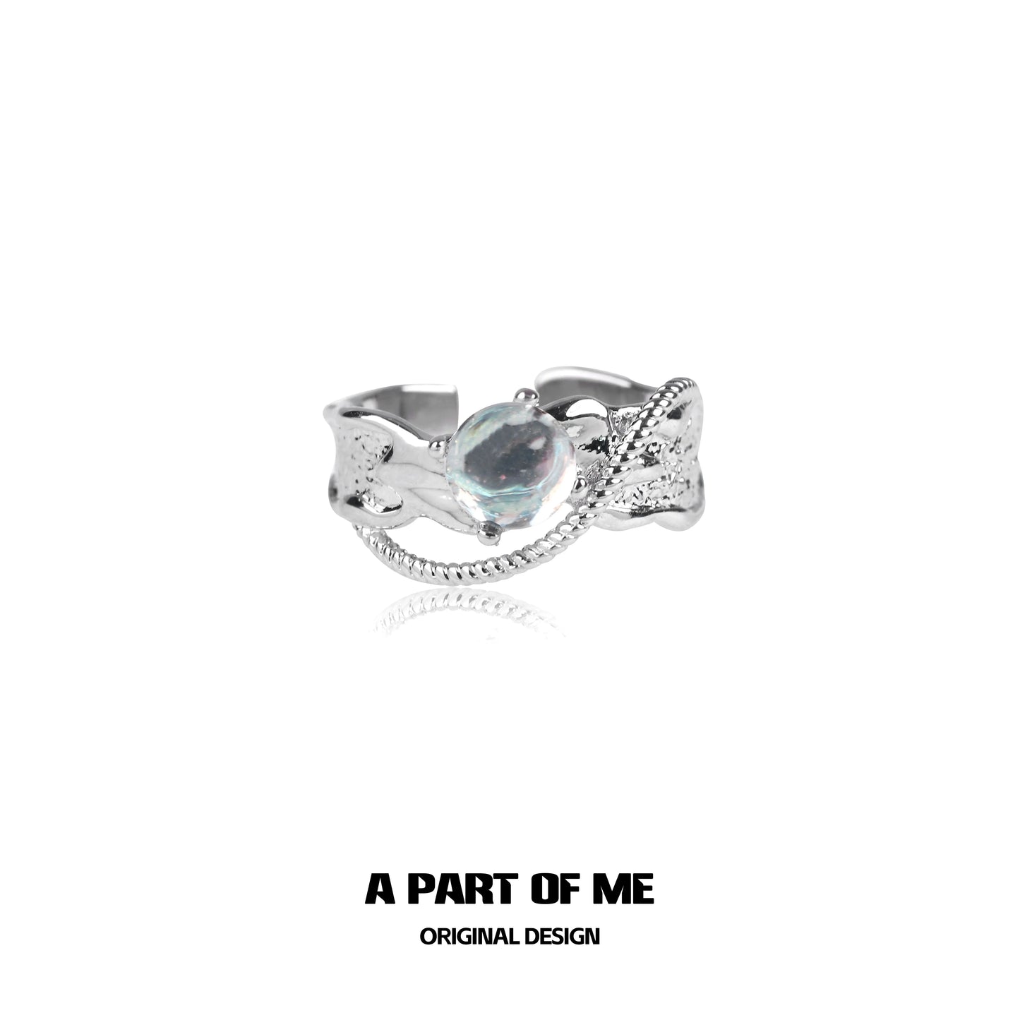 Silver A PART OF ME mermaid moonstone ring with intricate wave design and shimmering gemstone