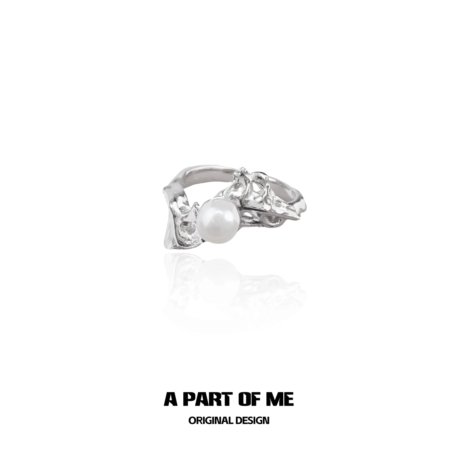 A PART OF ME minimalist pearl chain ring in silver with a unique design featuring a central pearl