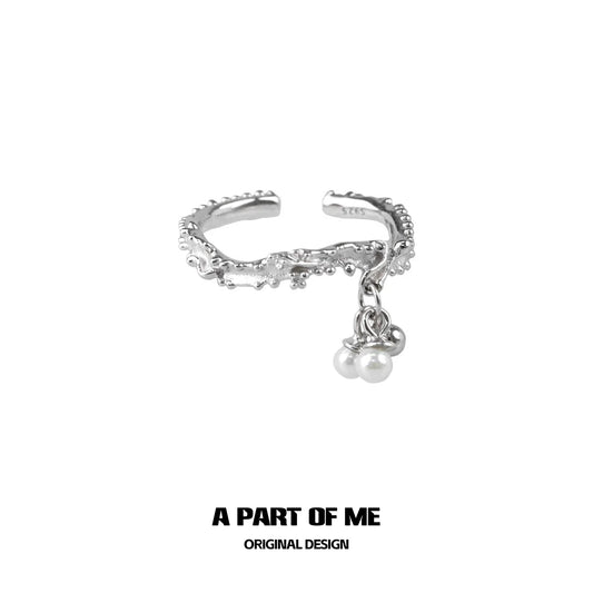A Part of Me pearl elf silver ring featuring a delicate design with three dangling pearls