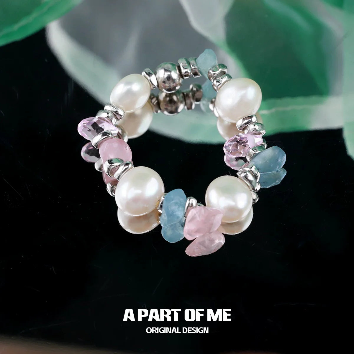 Rainbow pearl ring with pink and blue gemstones, designed by A PART OF ME, perfect for stylish outfits.