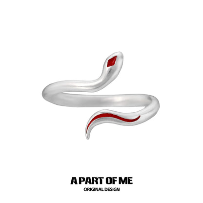 A PART OF ME red snake silver ring featuring a sleek, curled design with a vibrant red accent
