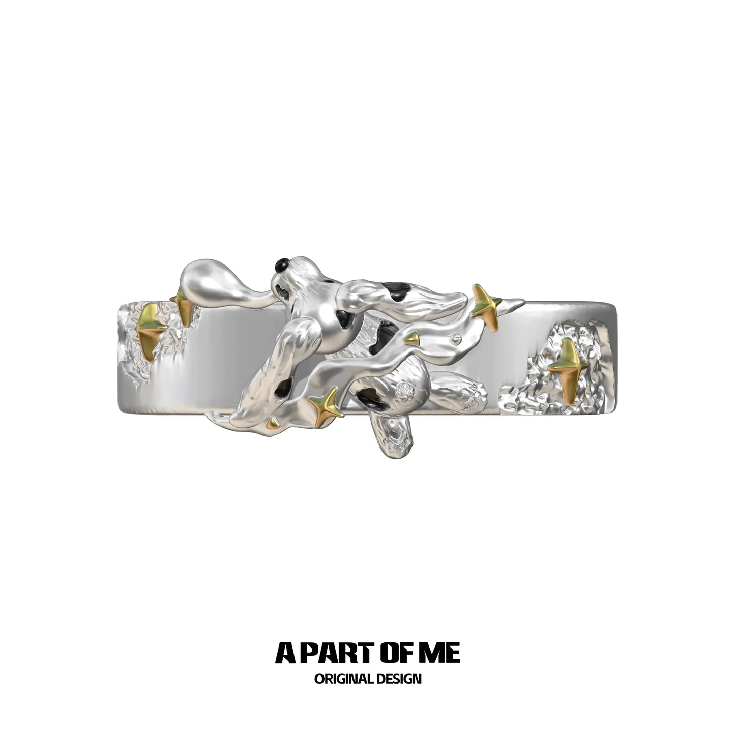 A PART OF ME unique silver sleepy cat dog ring featuring intricate design and gold star accents