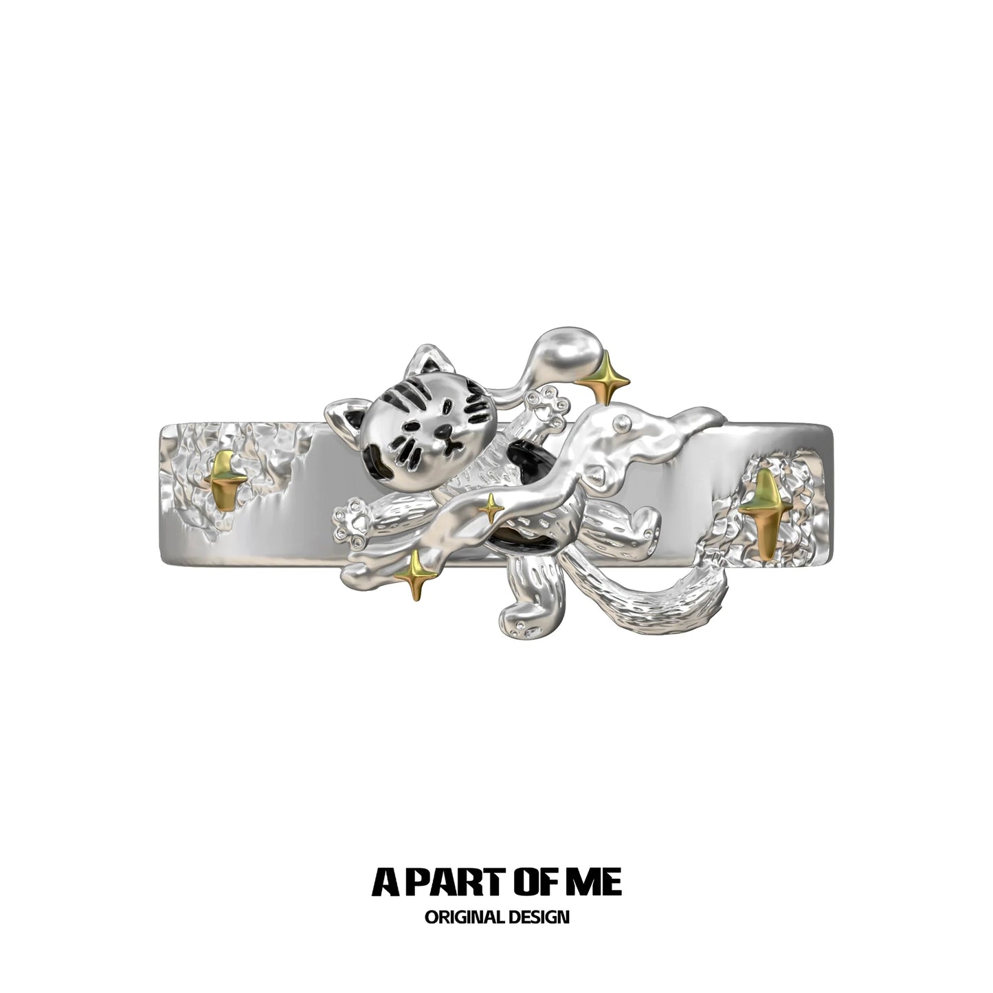 Silver A PART OF ME sleepy cat dog ring featuring a playful cat design and stars