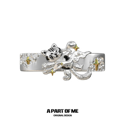 Silver A PART OF ME sleepy cat dog ring featuring a playful cat design and stars