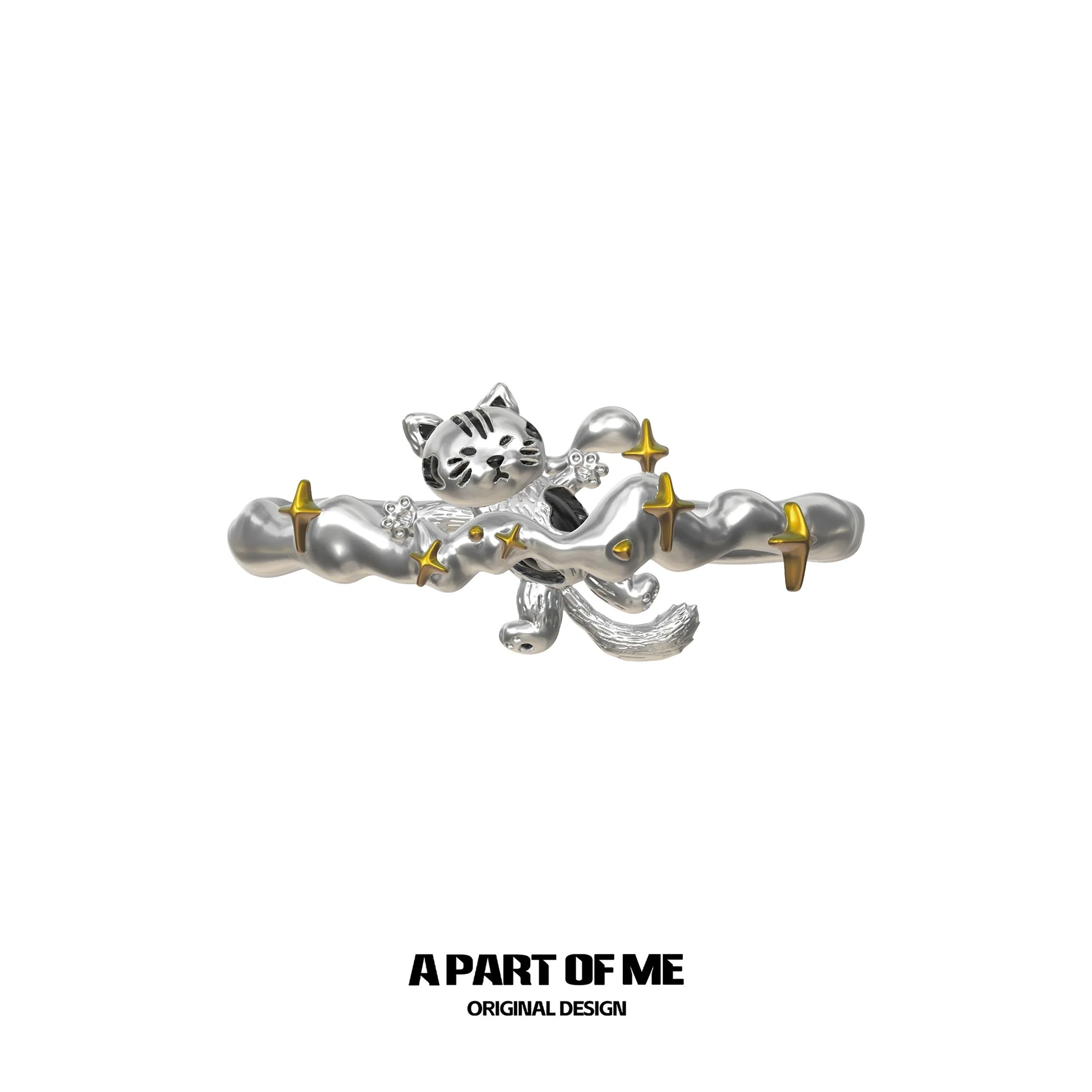 A Part of Me Sleepy Cat Dog Ring with stars and a twisted silver band for unique pet lovers