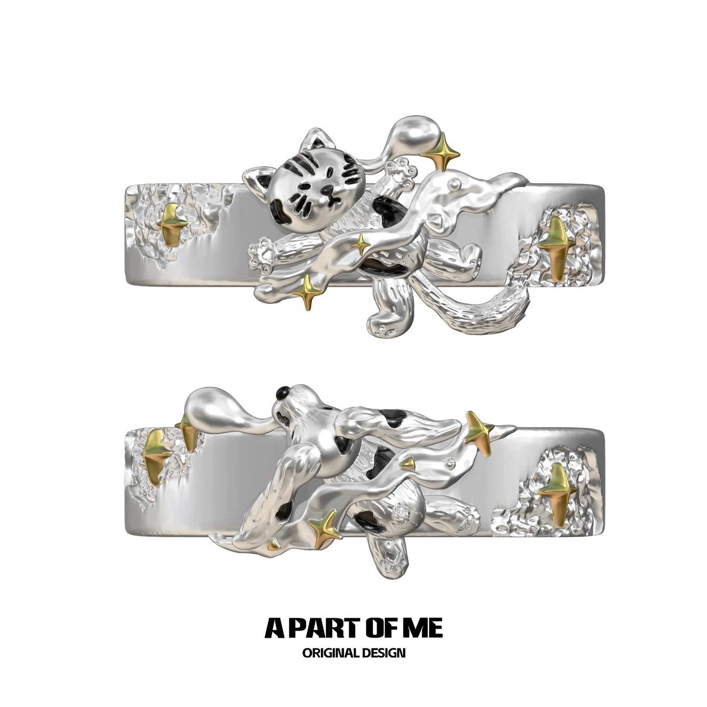 A PART OF ME Sleepy Cat Dog Ring with Detailed Animal Design and Star Accents