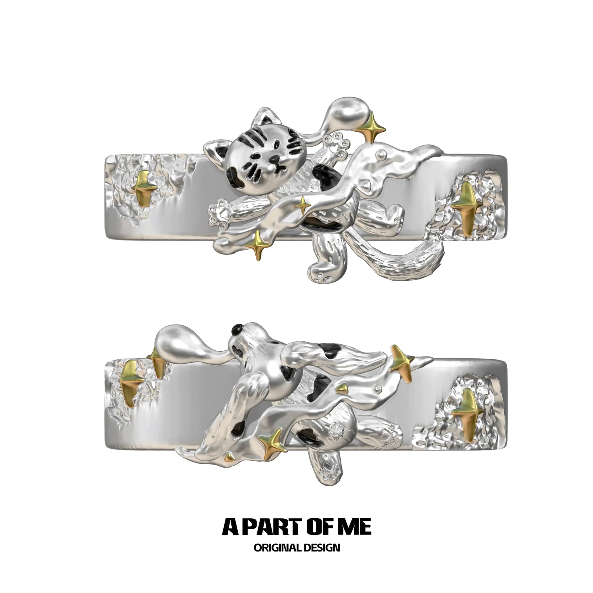 A PART OF ME Sleepy Cat Dog Ring with Detailed Animal Design and Star Accents
