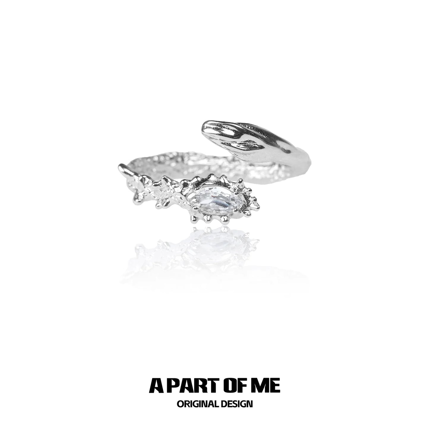 A PART OF ME snake diamond silver ring featuring a unique twisted design and sparkling diamonds