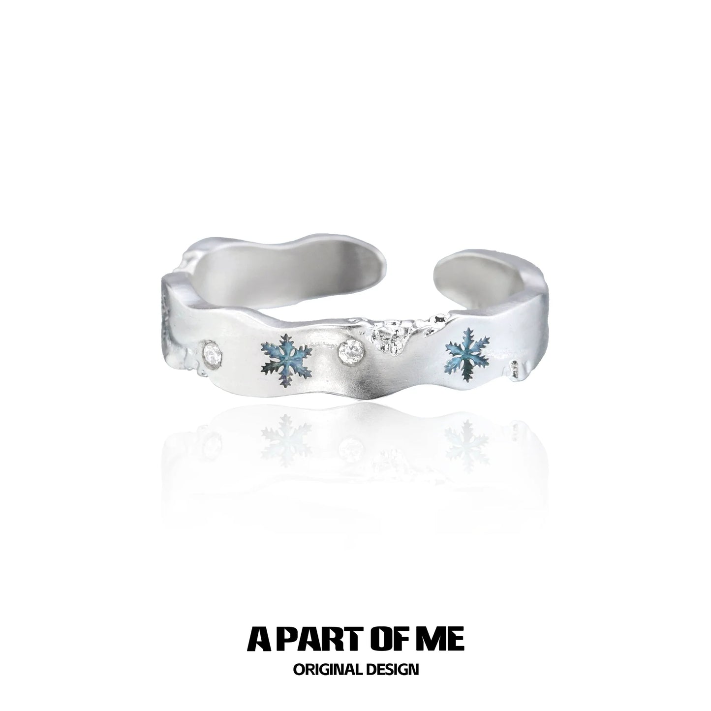 A PART OF ME Snowflake Love Ring in Silver with Blue Snowflake Accents and Sparkling Stones
