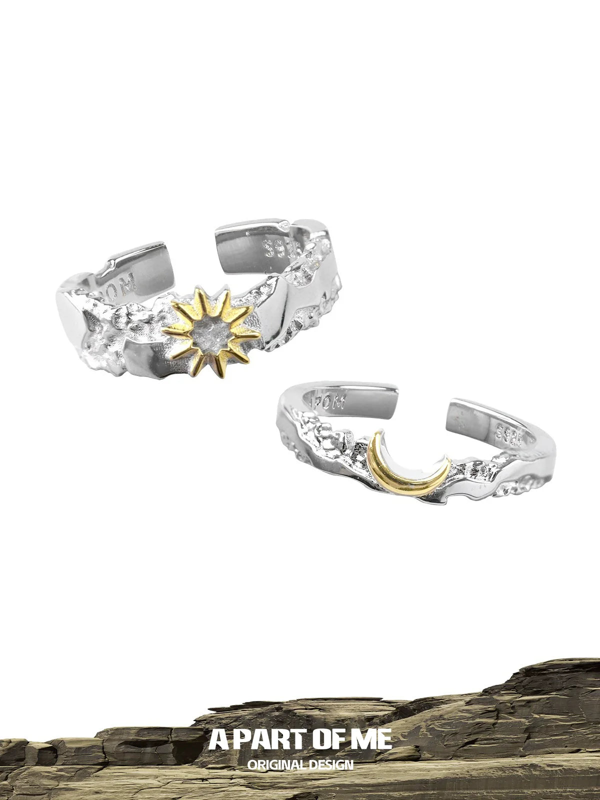 A Part of Me Sun and Moon Couple Rings in Silver with Sun and Crescent Moon Design for Unique Couples
