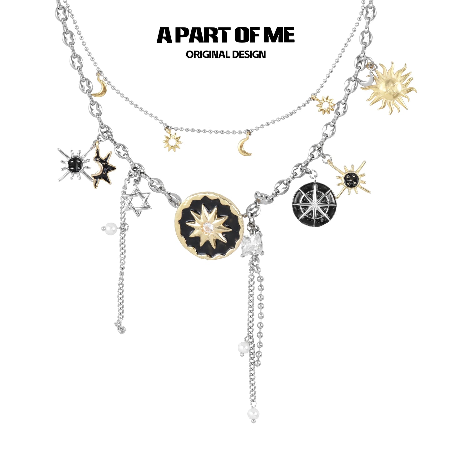 Charming sun and moon necklace by A PART OF ME featuring celestial charms and layered design