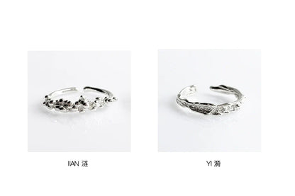 A PART OF ME Silver Surf Texture Couple Rings with Unique Floral and Wave Designs