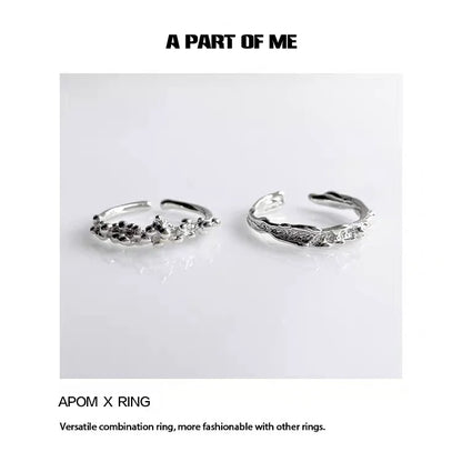 A PART OF ME surf texture couple rings in silver with stylish floral and wave designs