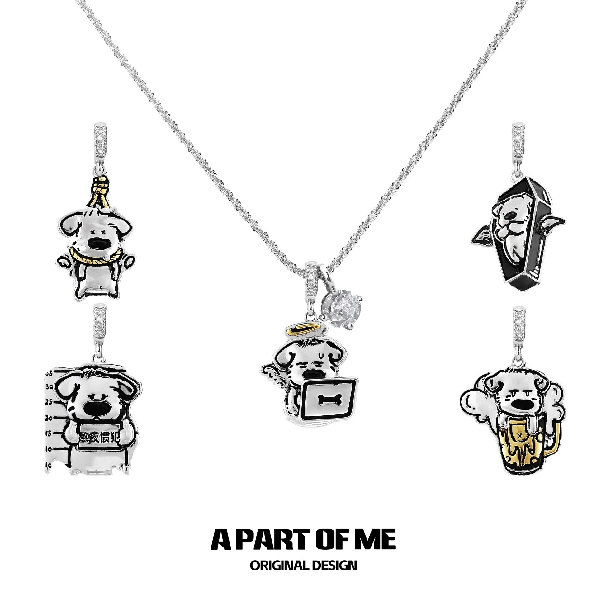 A PART OF ME working puppy necklace featuring five unique puppy charm designs in silver