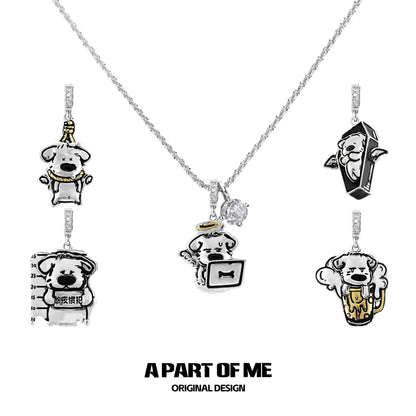 A PART OF ME working puppy necklace featuring five unique puppy charm designs in silver