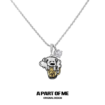 Cute silver working puppy necklace featuring a dog with a beer mug charm
