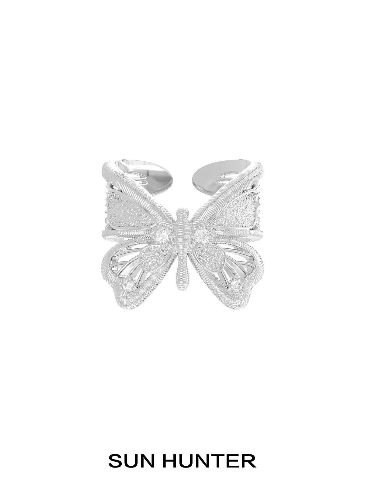Elegant SUN HUNTER angel butterfly ring in silver featuring intricate detailing and a stylish design