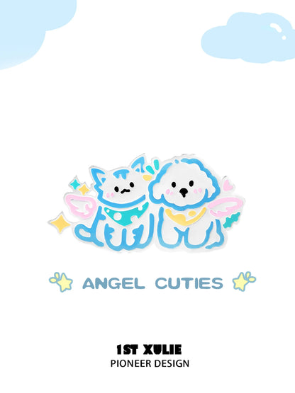Cute angel cat and dog brooch featuring adorable characters with pastel colors and wings