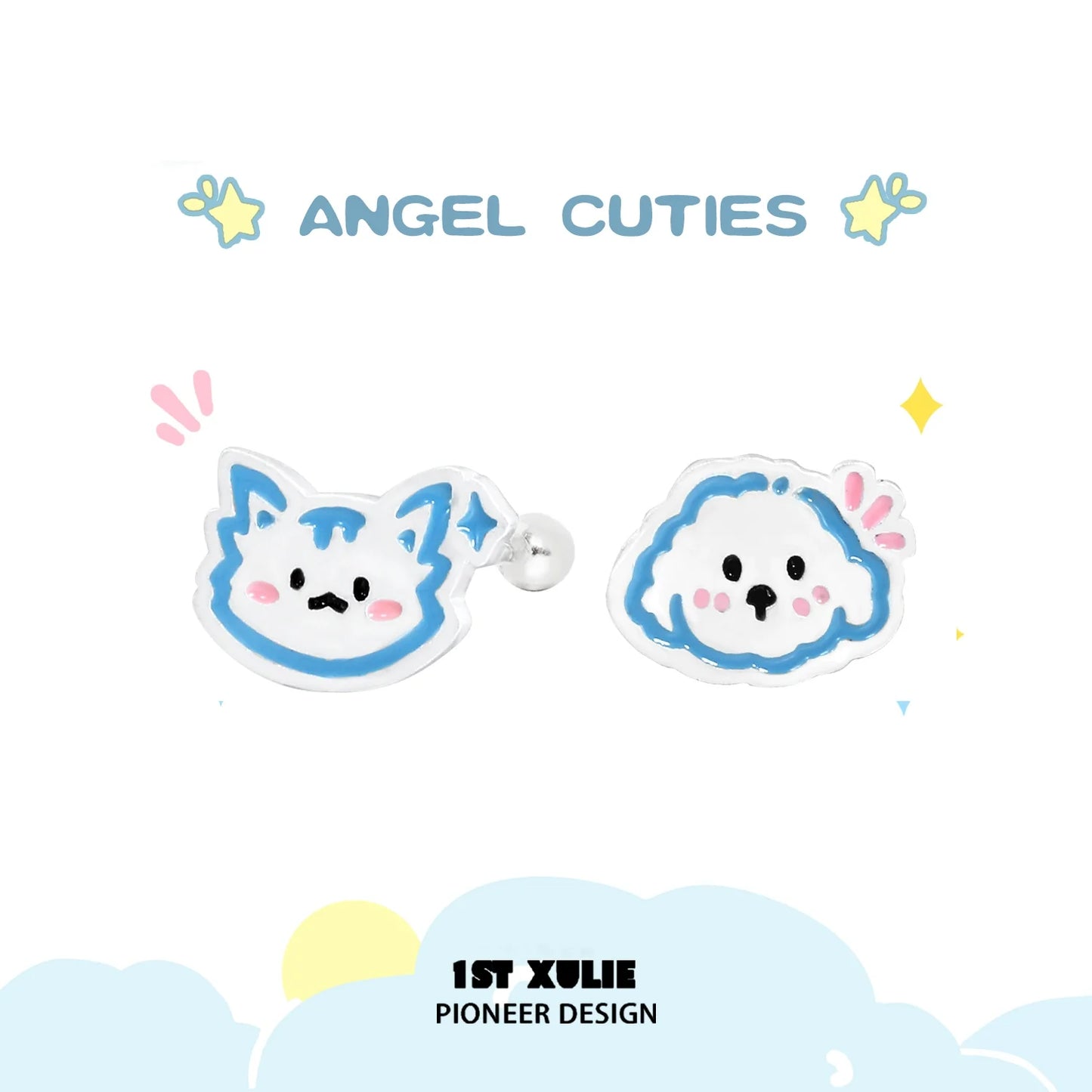 Cute angel cat and puppy earrings featuring colorful designs and playful expressions