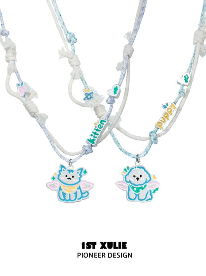1ST XULIE Angel Cat and Puppy Necklace with Colorful Charms for Cute Animal Lovers