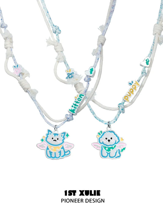 1ST XULIE Angel Cat and Puppy Necklace with Colorful Charms for Cute Animal Lovers