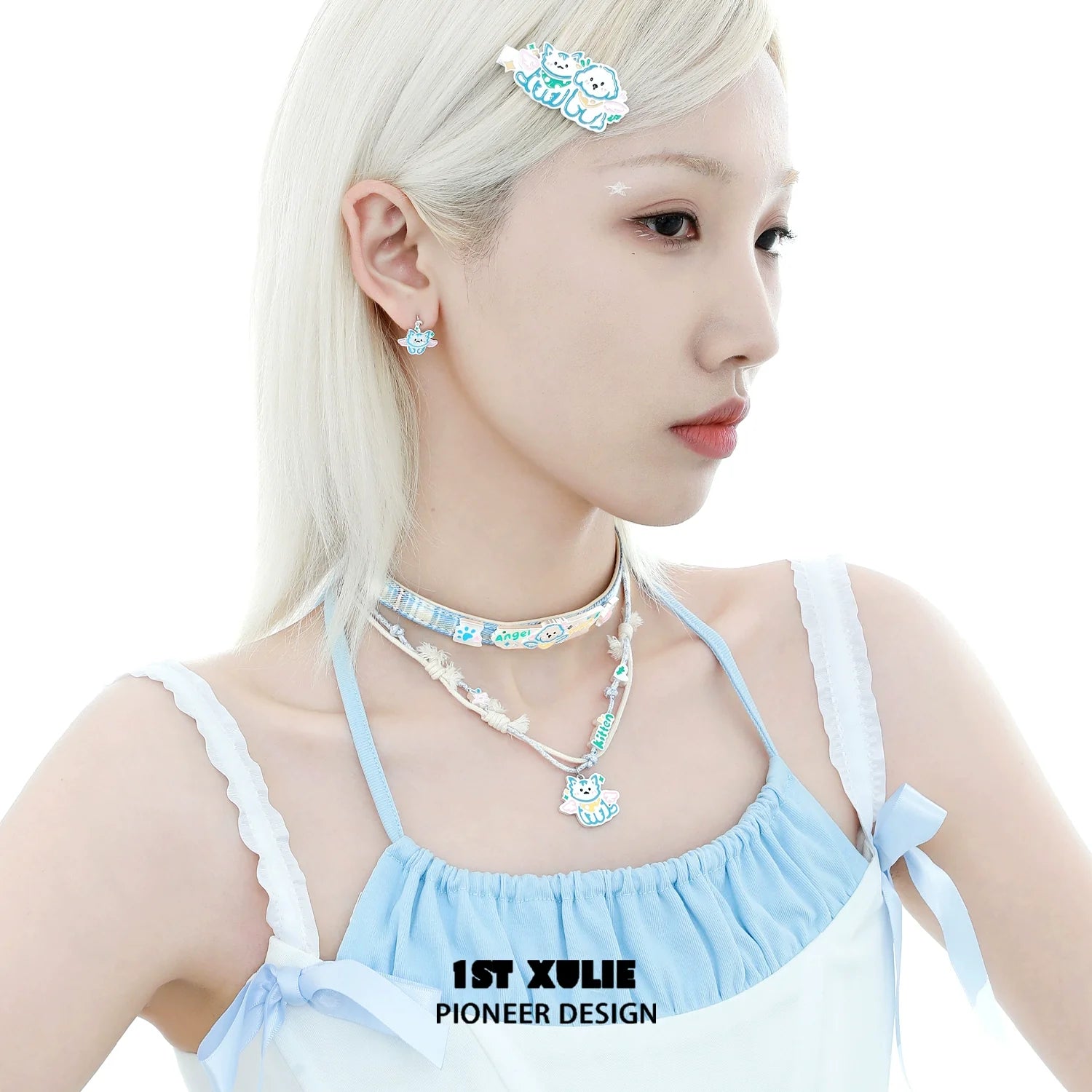 1STXULIE Angel Cat and Puppy Necklace Worn with Matching Accessories for a Cute Look