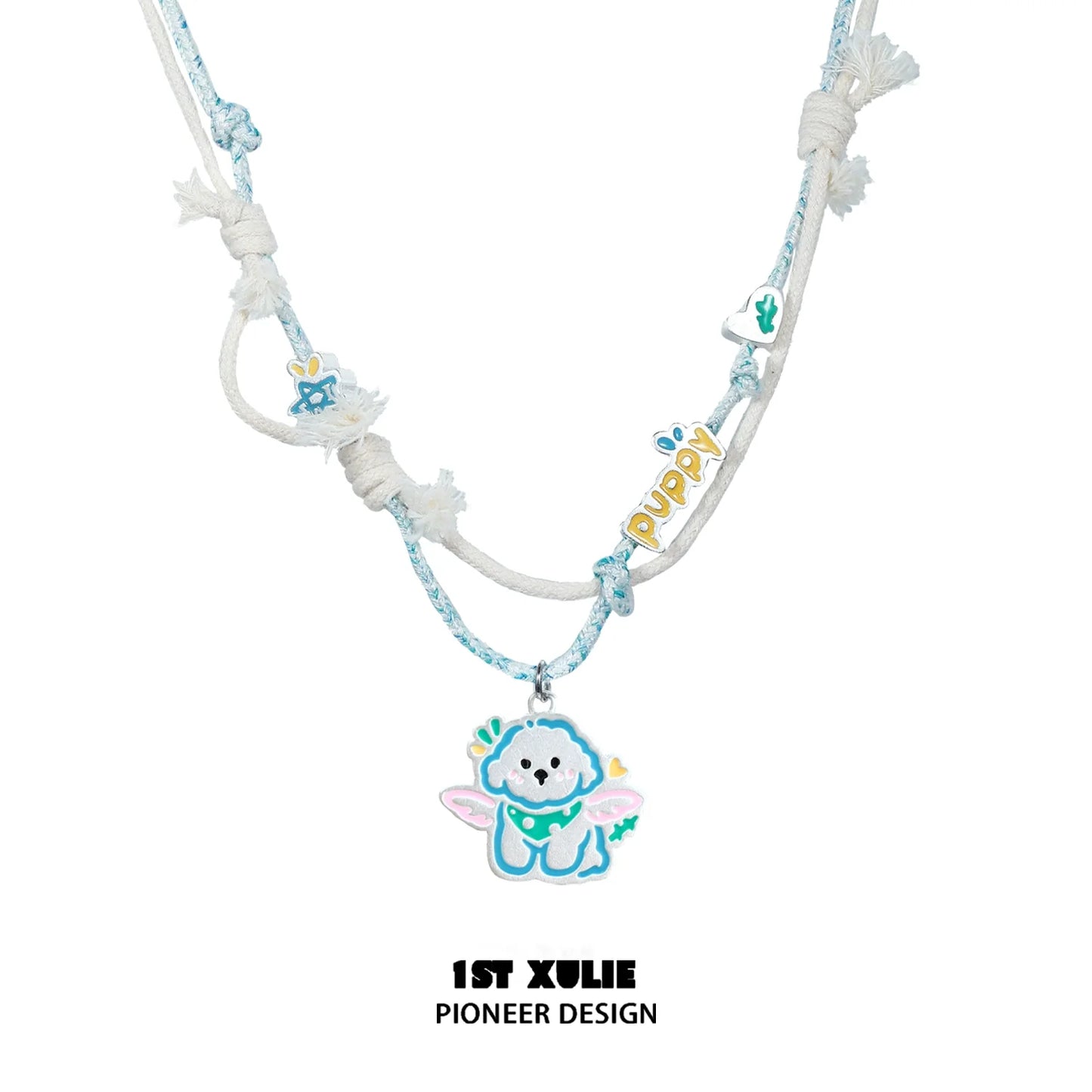 Colorful 1ST XULIE angel cat and puppy necklace featuring cute cartoon charms and playful design