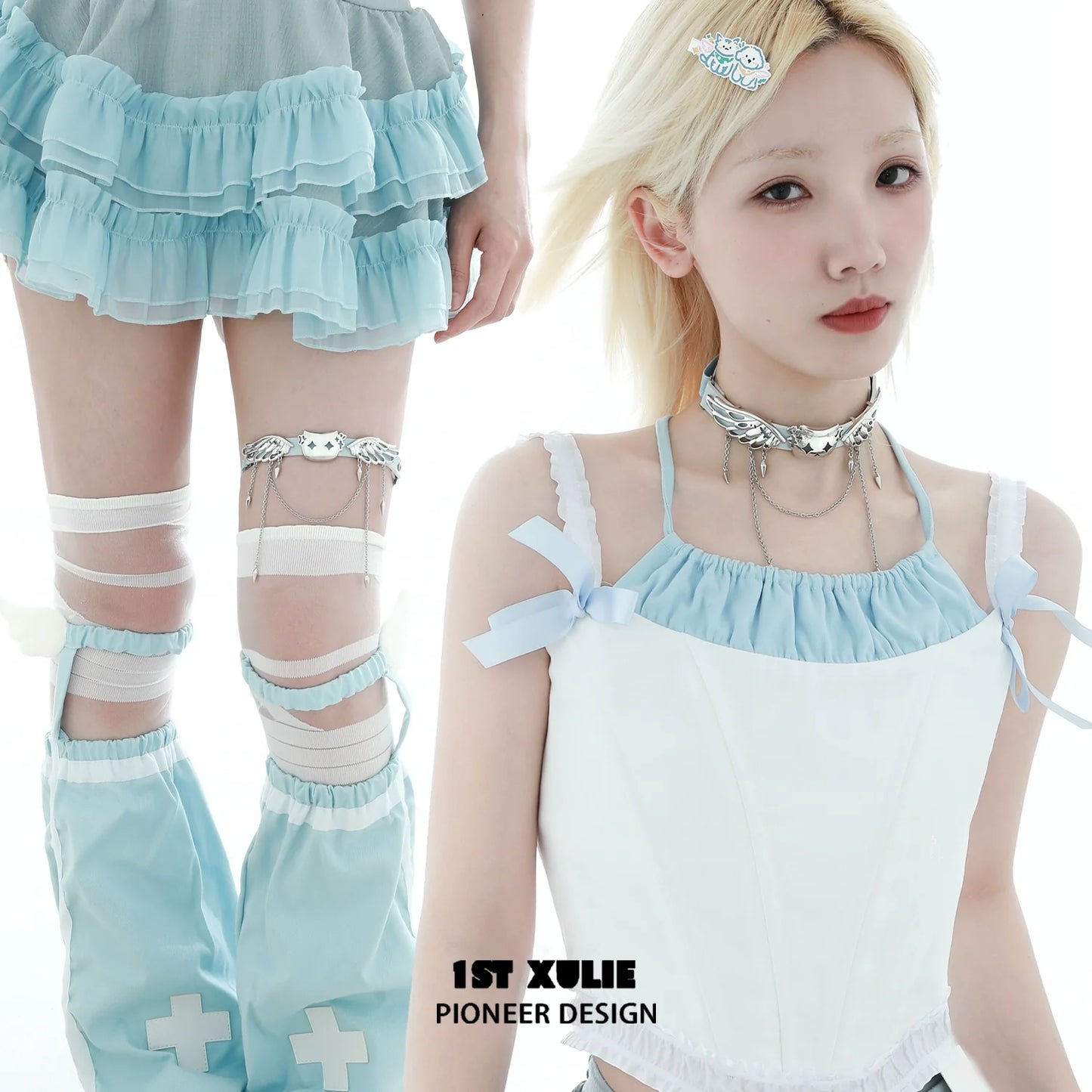 1ST XULIE angel cat necklace worn with a stylish blue outfit and layered ruffles for a trendy look